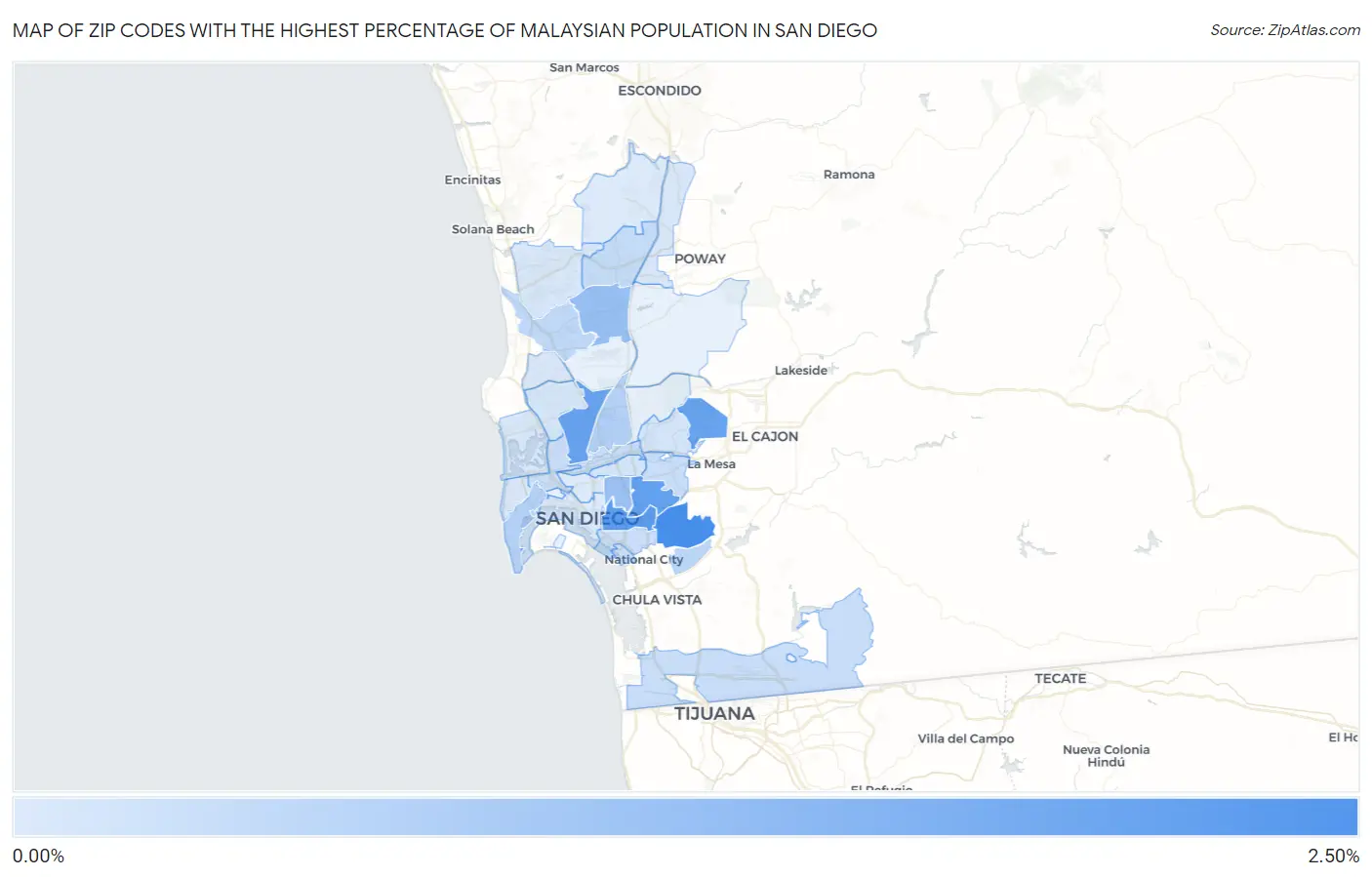Zip Codes with the Highest Percentage of Malaysian Population in San Diego Map