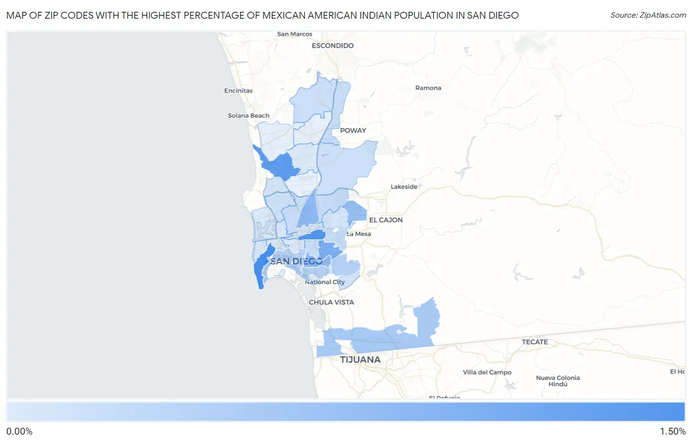 Zip Codes with the Highest Percentage of Mexican American Indian Population in San Diego Map