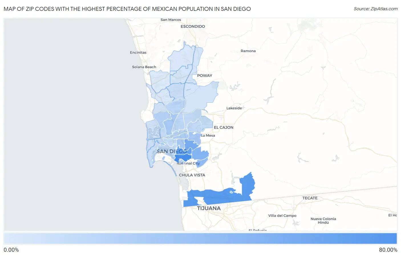 Zip Codes with the Highest Percentage of Mexican Population in San Diego Map