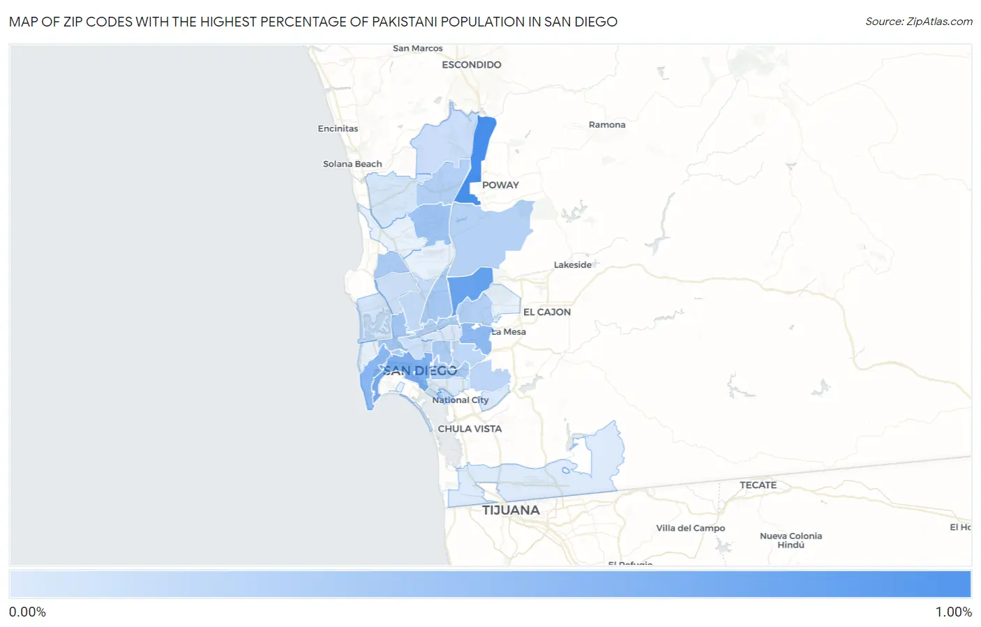 Zip Codes with the Highest Percentage of Pakistani Population in San Diego Map