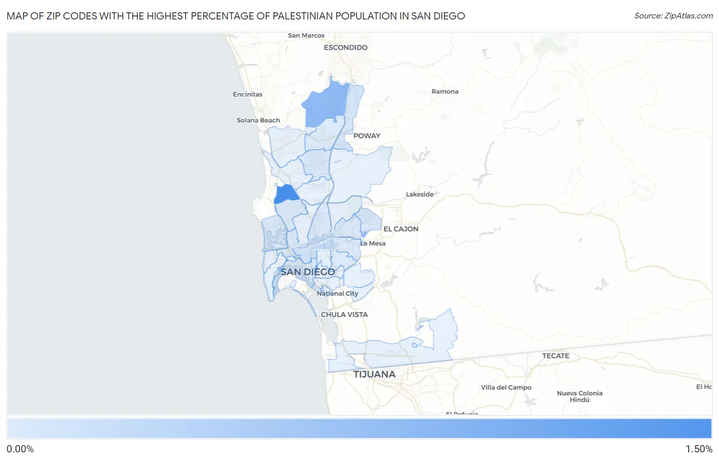 Zip Codes with the Highest Percentage of Palestinian Population in San Diego Map