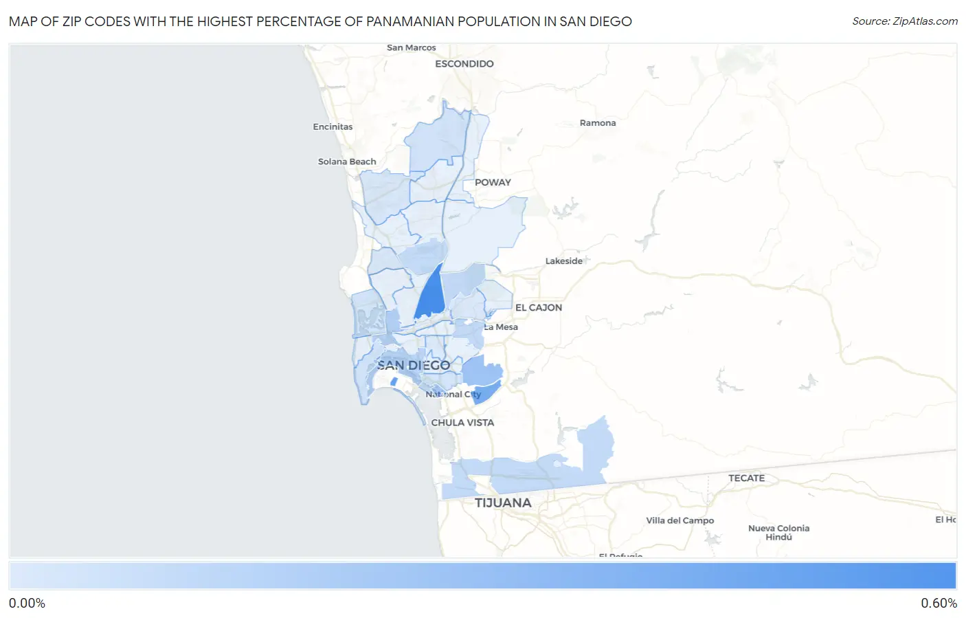 Zip Codes with the Highest Percentage of Panamanian Population in San Diego Map