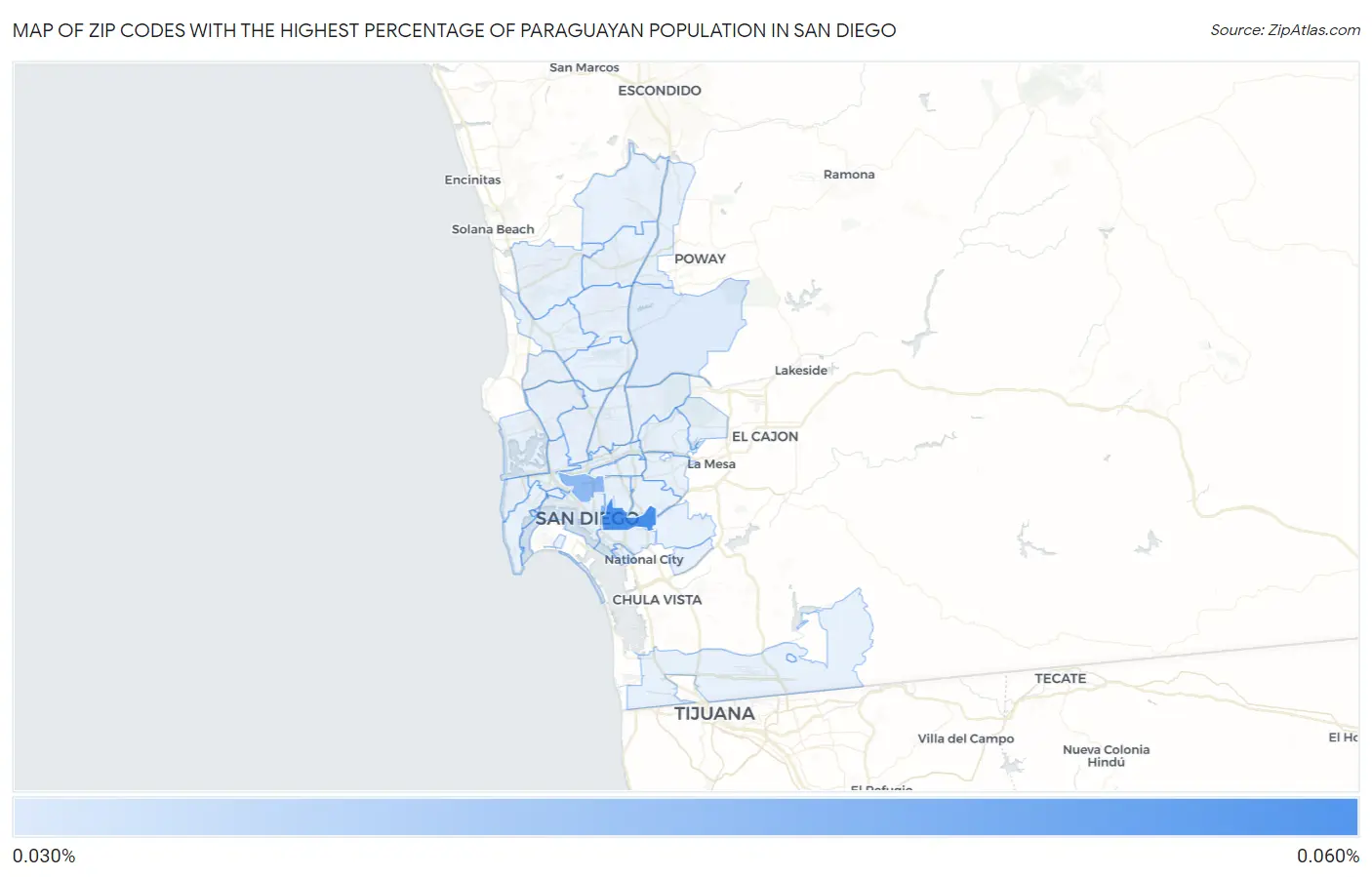Zip Codes with the Highest Percentage of Paraguayan Population in San Diego Map
