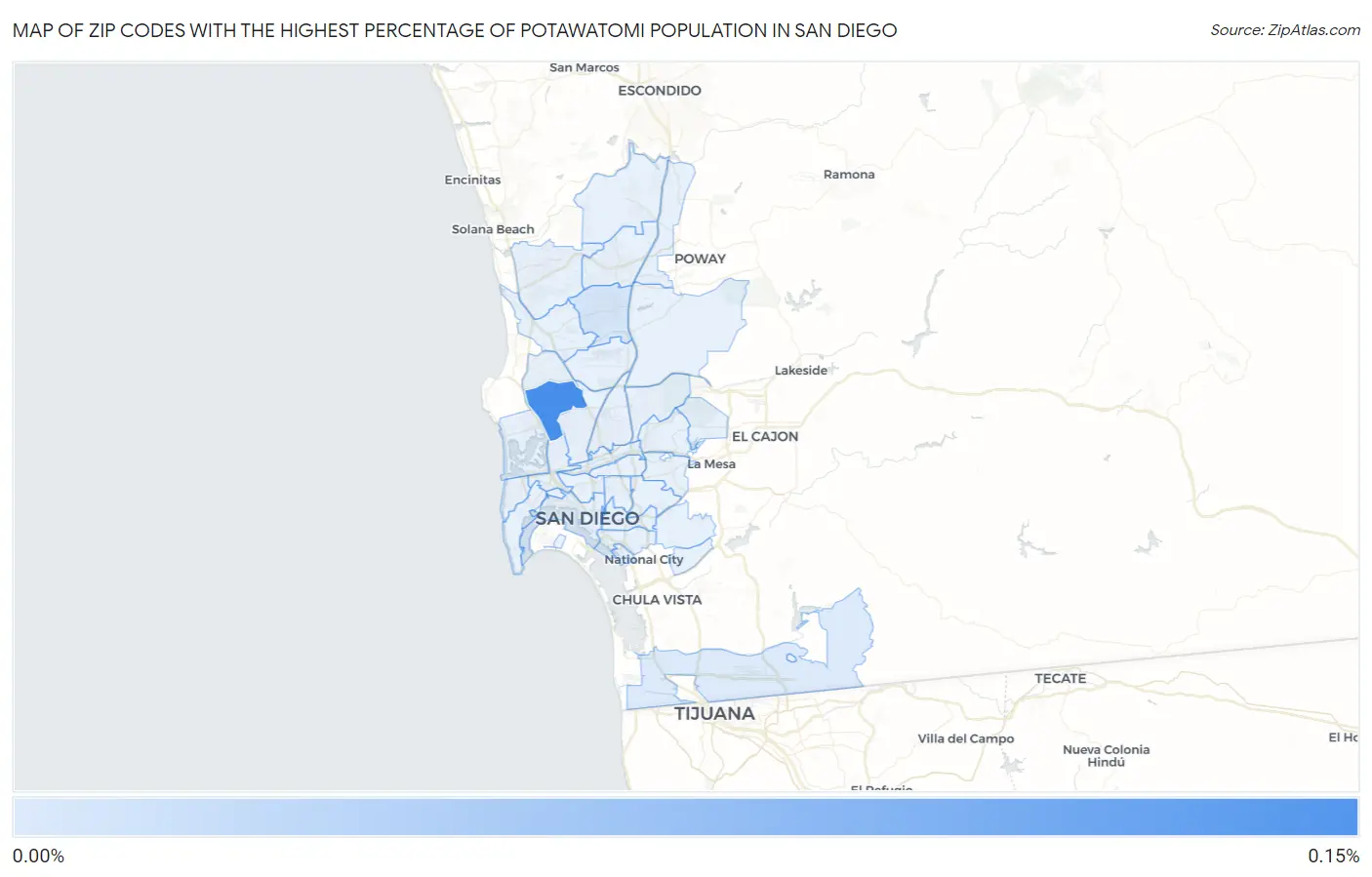 Zip Codes with the Highest Percentage of Potawatomi Population in San Diego Map