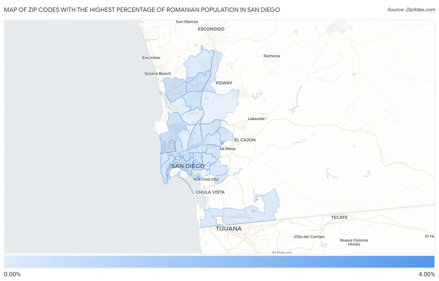 Zip Codes with the Highest Percentage of Romanian Population in San Diego Map