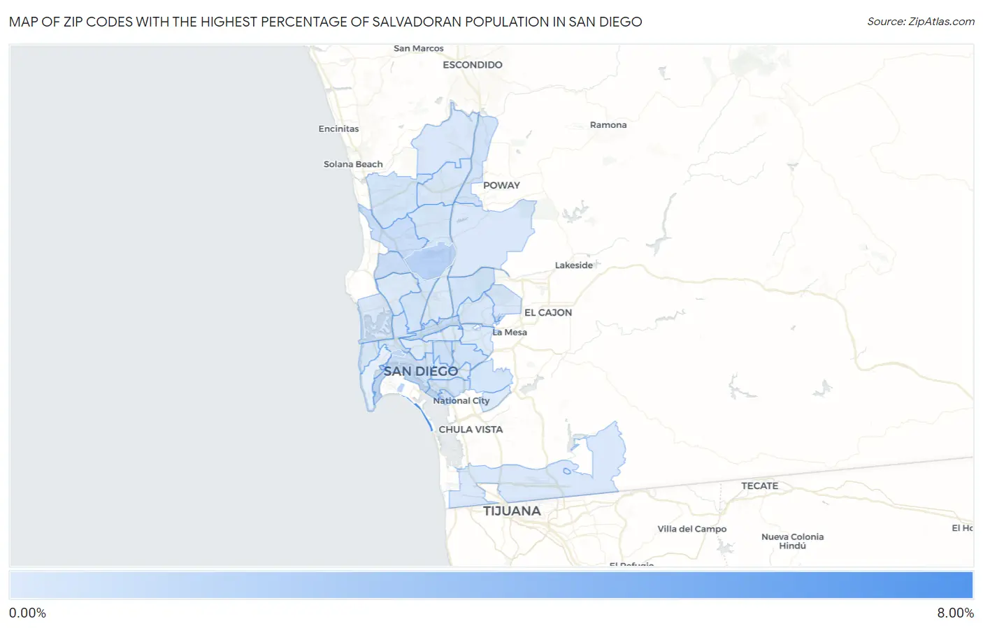 Zip Codes with the Highest Percentage of Salvadoran Population in San Diego Map