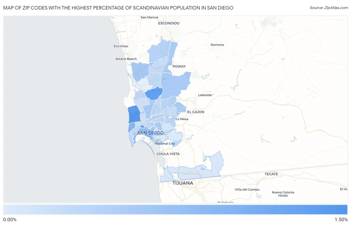 Zip Codes with the Highest Percentage of Scandinavian Population in San Diego Map