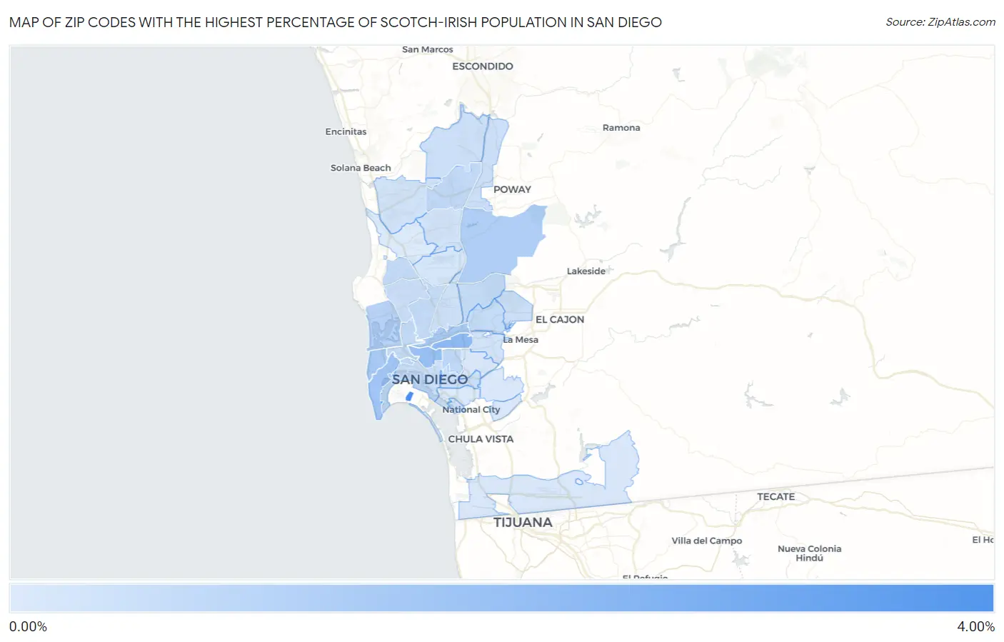 Zip Codes with the Highest Percentage of Scotch-Irish Population in San Diego Map