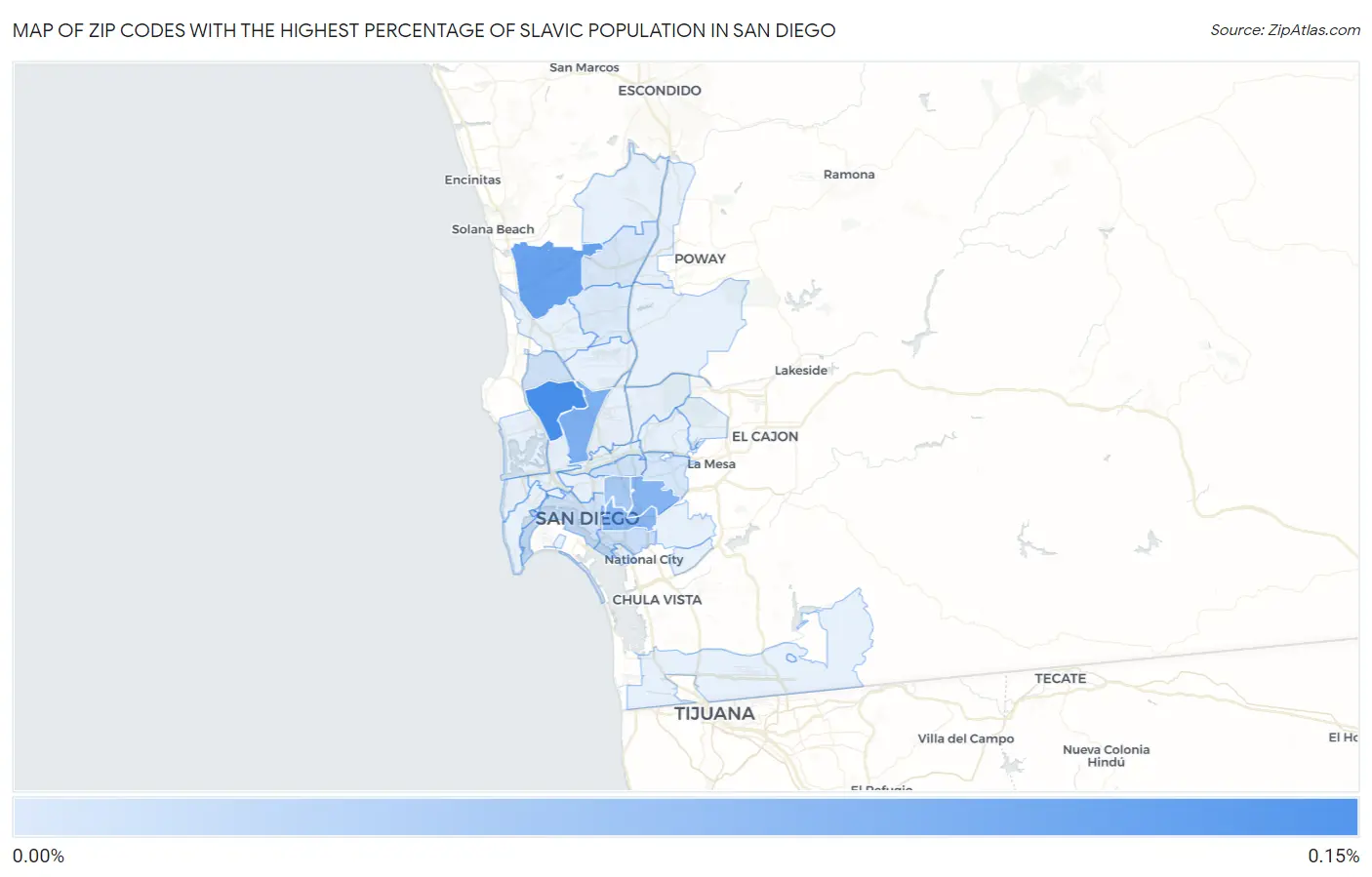 Zip Codes with the Highest Percentage of Slavic Population in San Diego Map