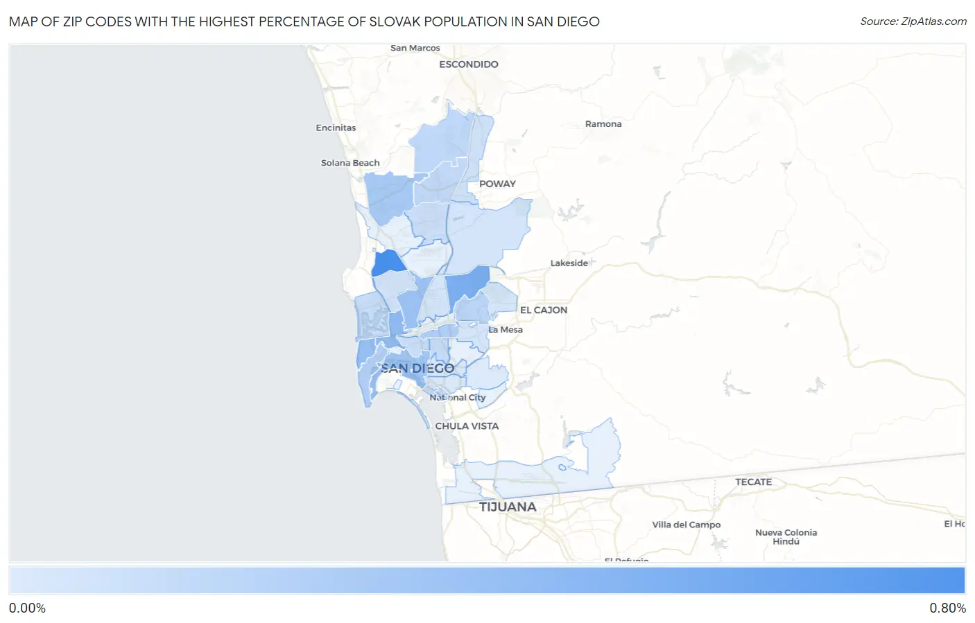 Zip Codes with the Highest Percentage of Slovak Population in San Diego Map