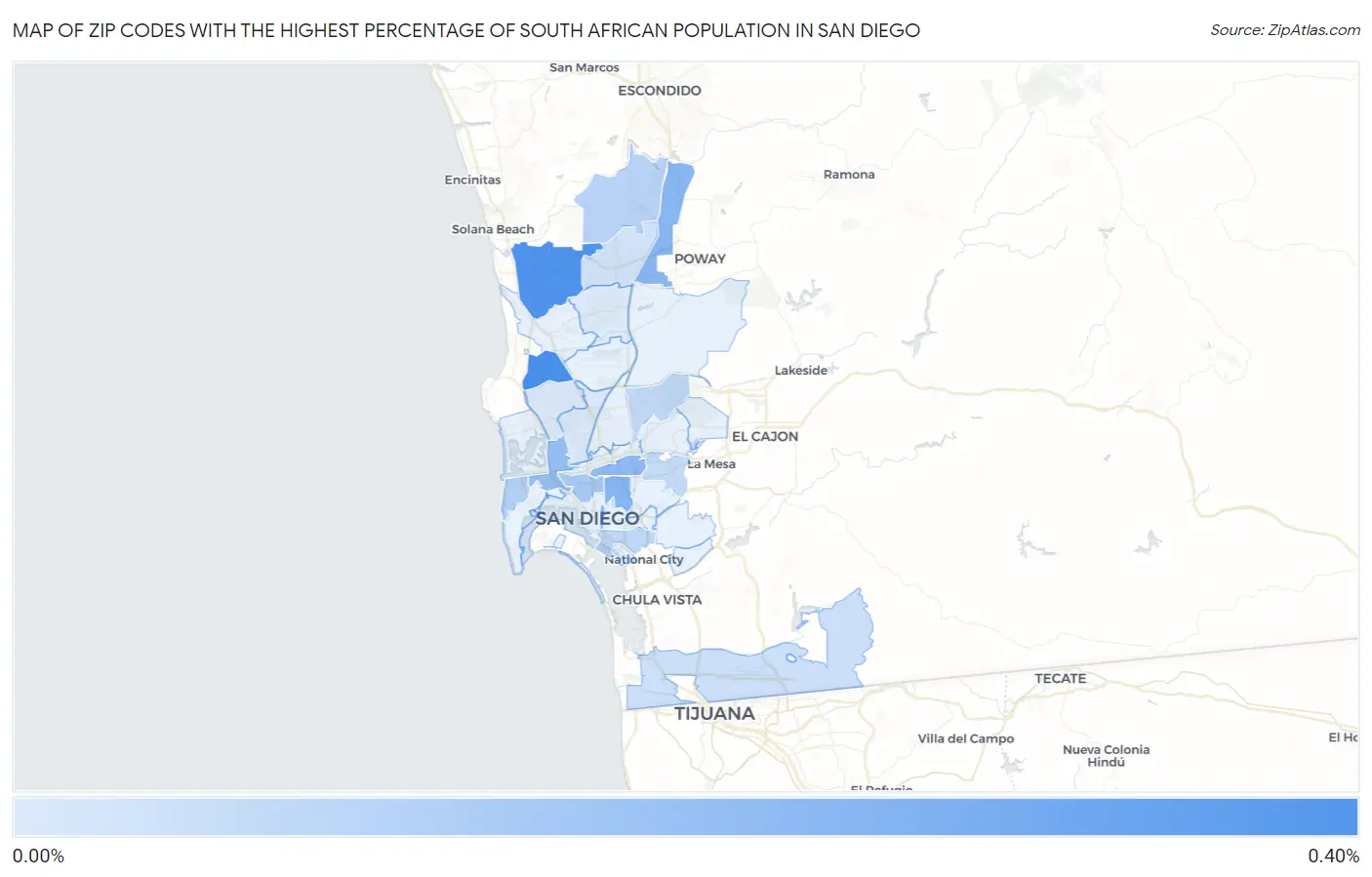 Zip Codes with the Highest Percentage of South African Population in San Diego Map