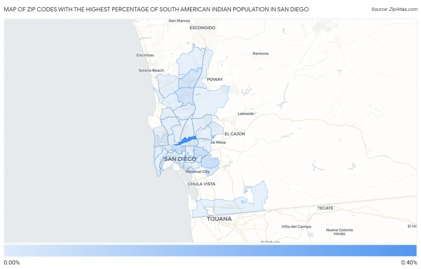 Zip Codes with the Highest Percentage of South American Indian Population in San Diego Map