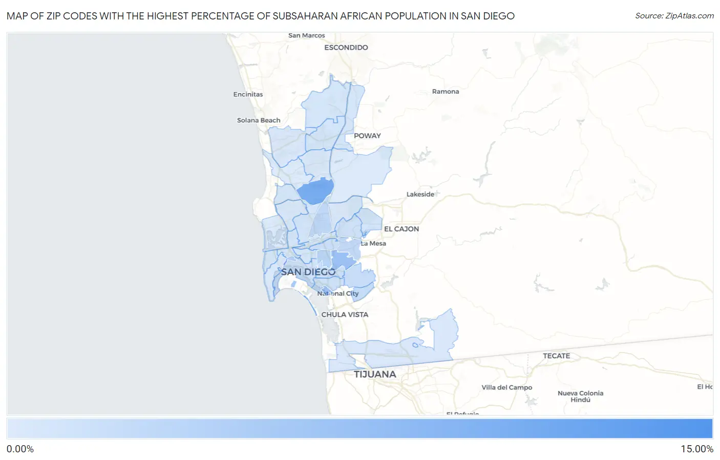 Zip Codes with the Highest Percentage of Subsaharan African Population in San Diego Map