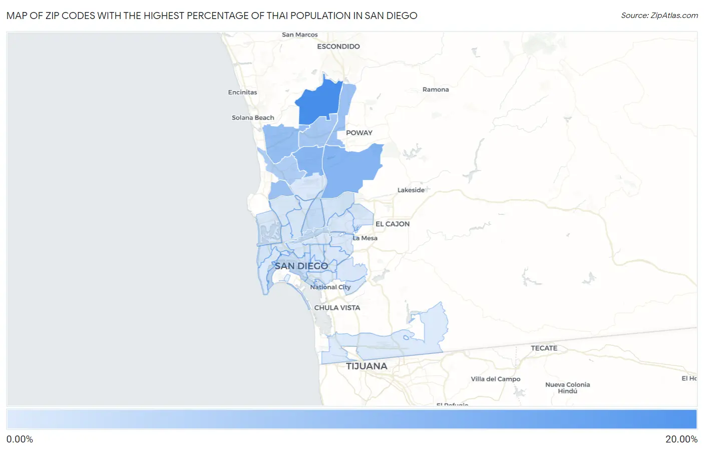 Zip Codes with the Highest Percentage of Thai Population in San Diego Map