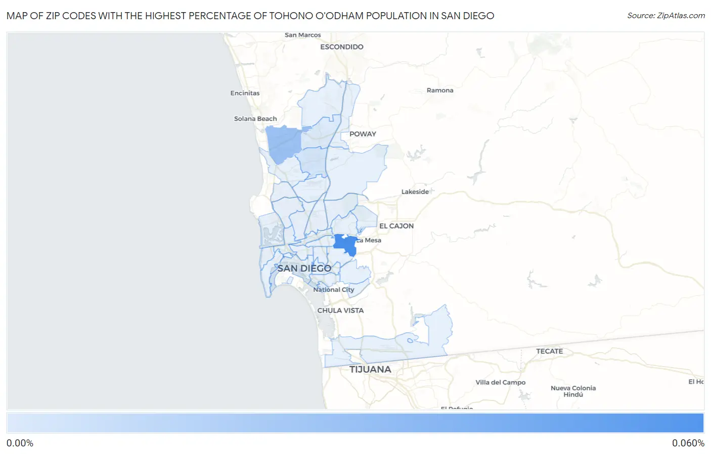 Zip Codes with the Highest Percentage of Tohono O'Odham Population in San Diego Map