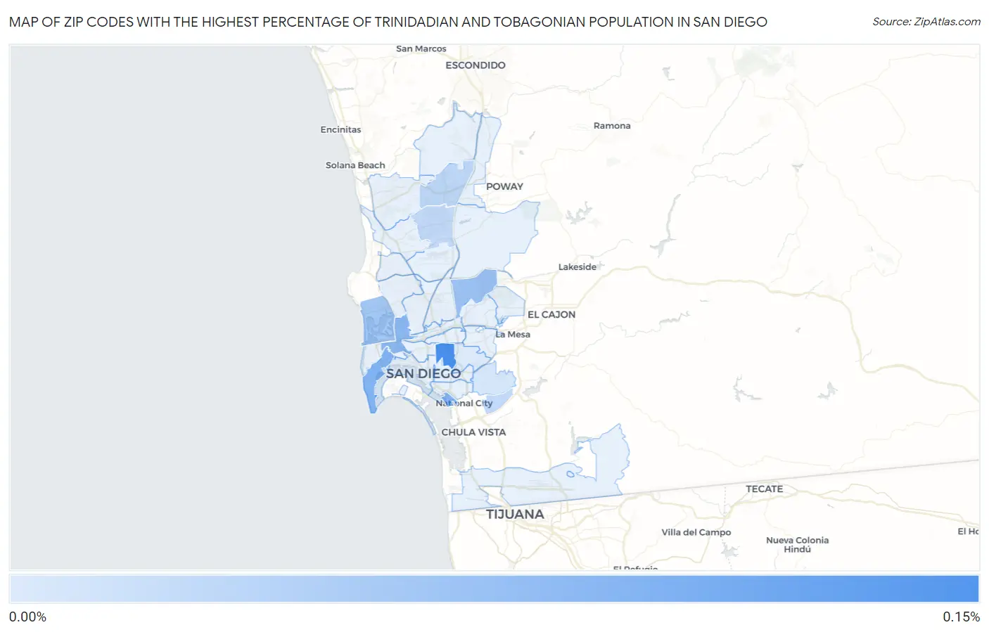 Zip Codes with the Highest Percentage of Trinidadian and Tobagonian Population in San Diego Map