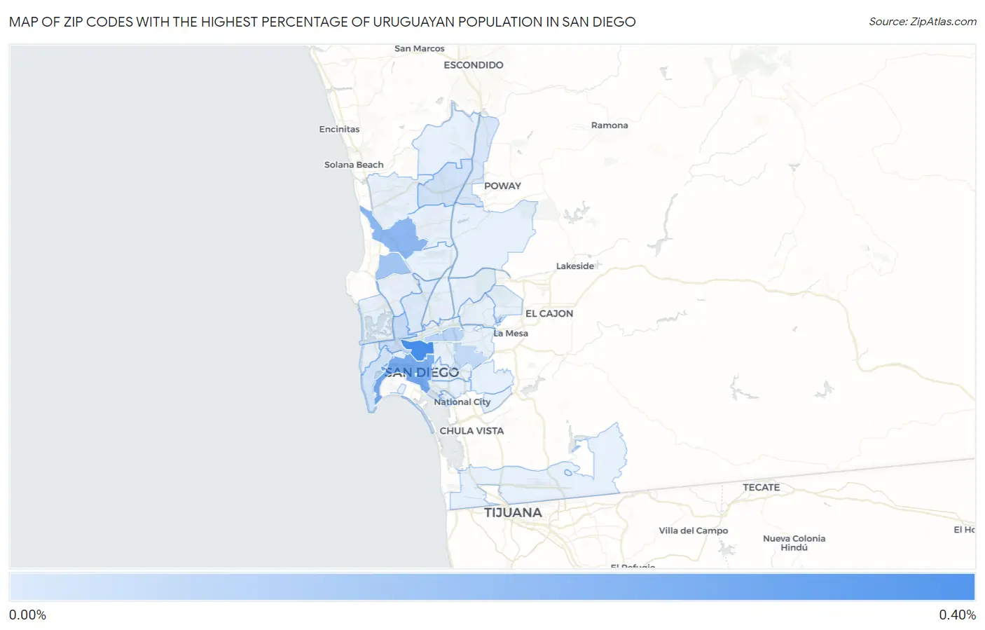 Zip Codes with the Highest Percentage of Uruguayan Population in San Diego Map