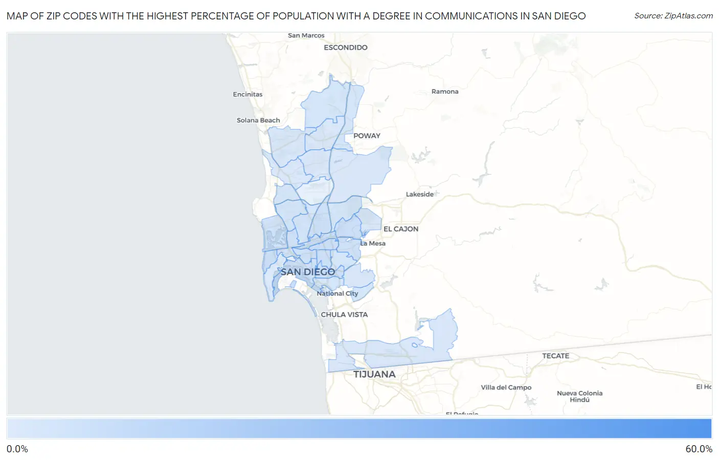 Zip Codes with the Highest Percentage of Population with a Degree in Communications in San Diego Map