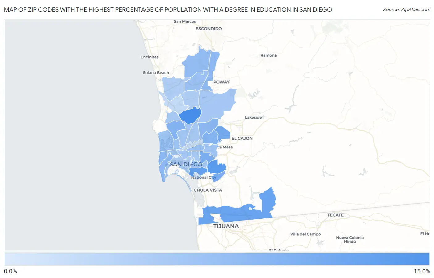 Zip Codes with the Highest Percentage of Population with a Degree in Education in San Diego Map