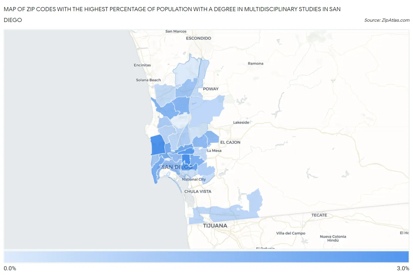 Zip Codes with the Highest Percentage of Population with a Degree in Multidisciplinary Studies in San Diego Map