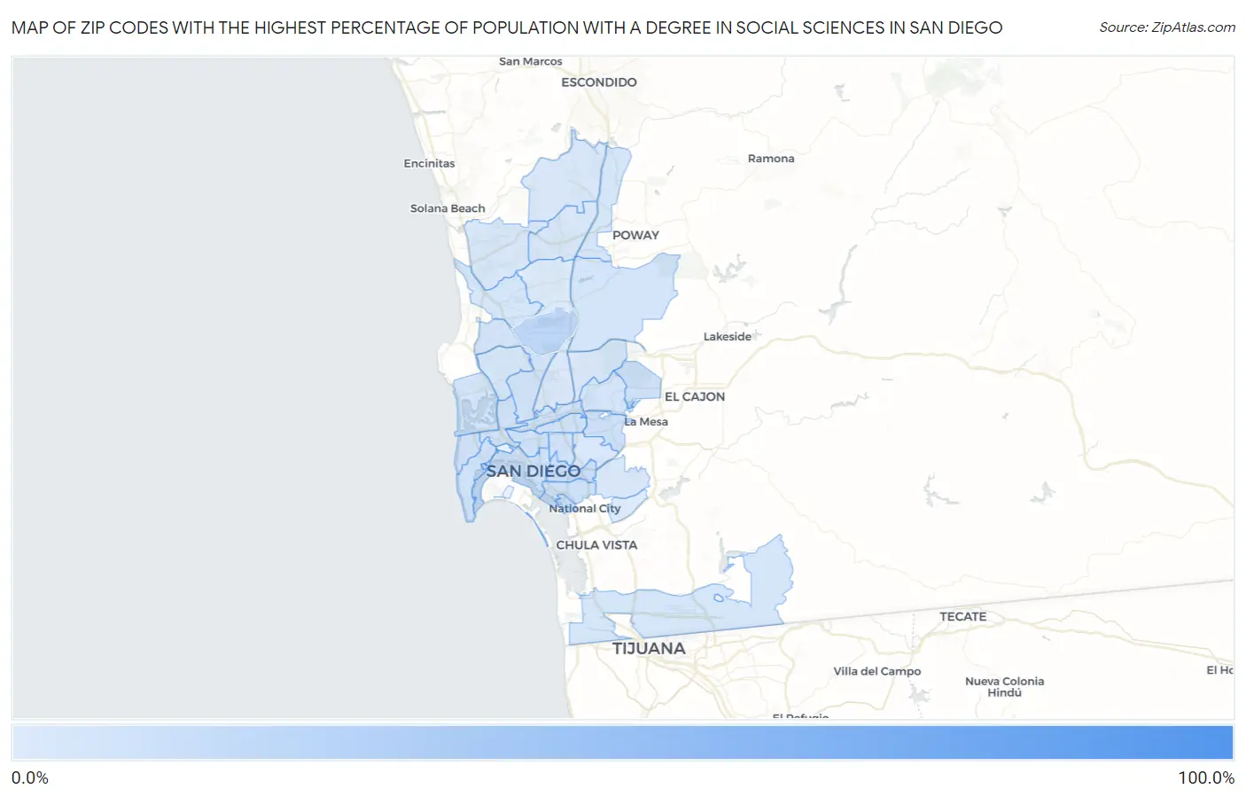 Zip Codes with the Highest Percentage of Population with a Degree in Social Sciences in San Diego Map