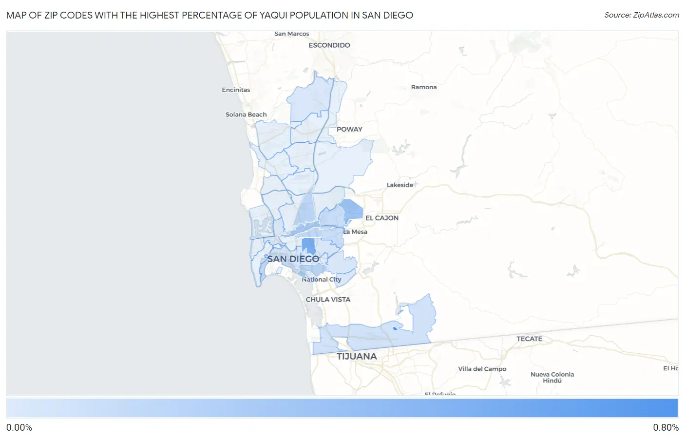 Zip Codes with the Highest Percentage of Yaqui Population in San Diego Map