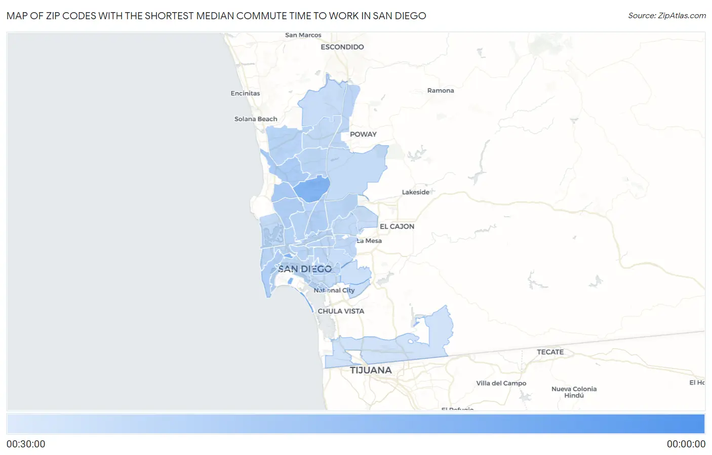 Zip Codes with the Shortest Median Commute Time to Work in San Diego Map