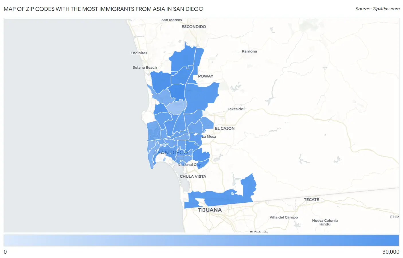 Zip Codes with the Most Immigrants from Asia in San Diego Map