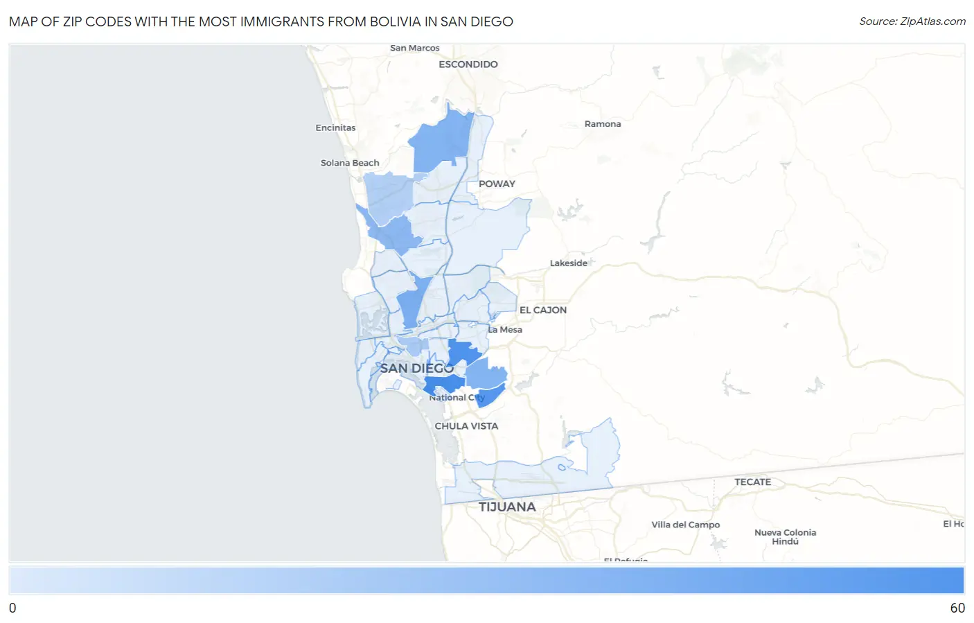 Zip Codes with the Most Immigrants from Bolivia in San Diego Map