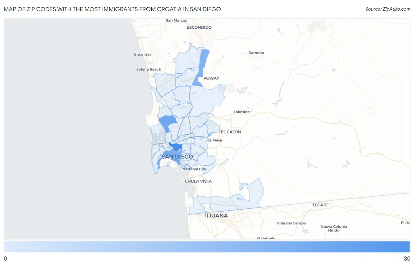 Zip Codes with the Most Immigrants from Croatia in San Diego Map