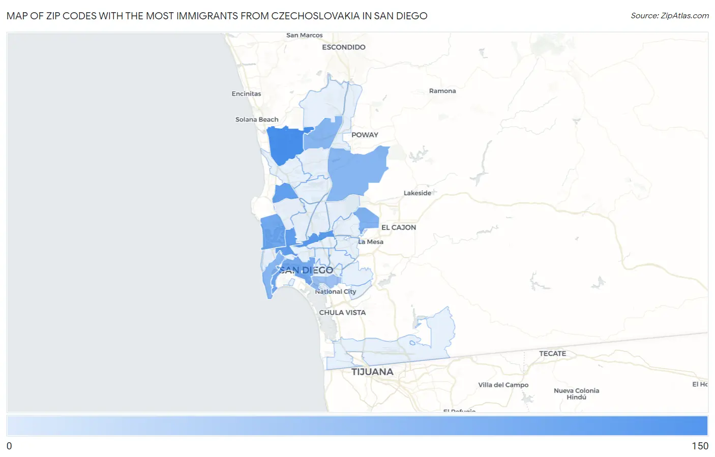 Zip Codes with the Most Immigrants from Czechoslovakia in San Diego Map