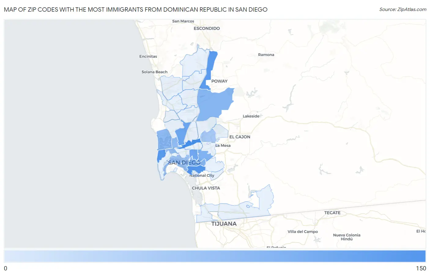 Zip Codes with the Most Immigrants from Dominican Republic in San Diego Map
