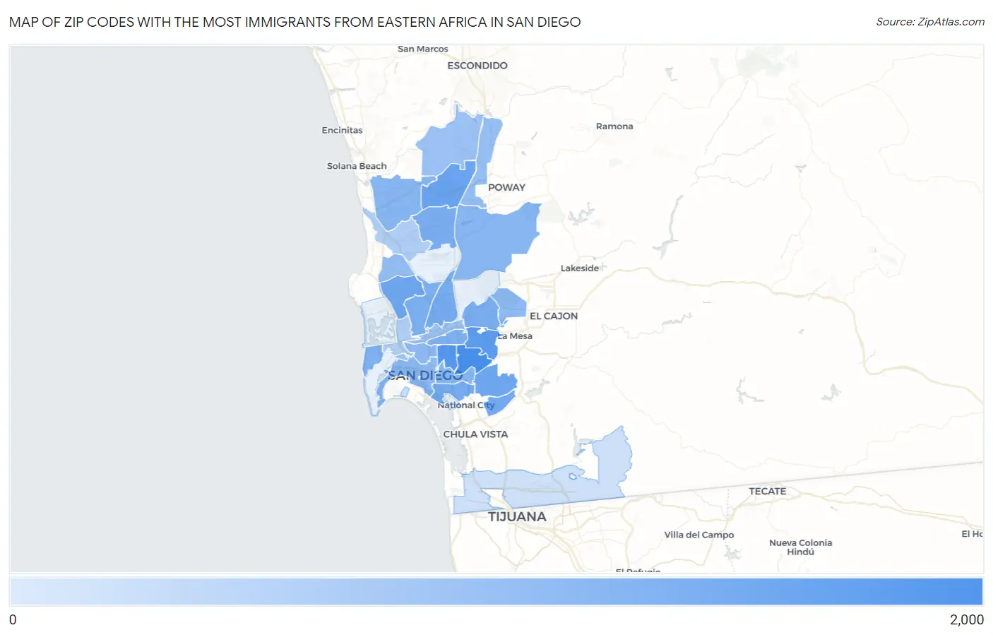 Zip Codes with the Most Immigrants from Eastern Africa in San Diego Map