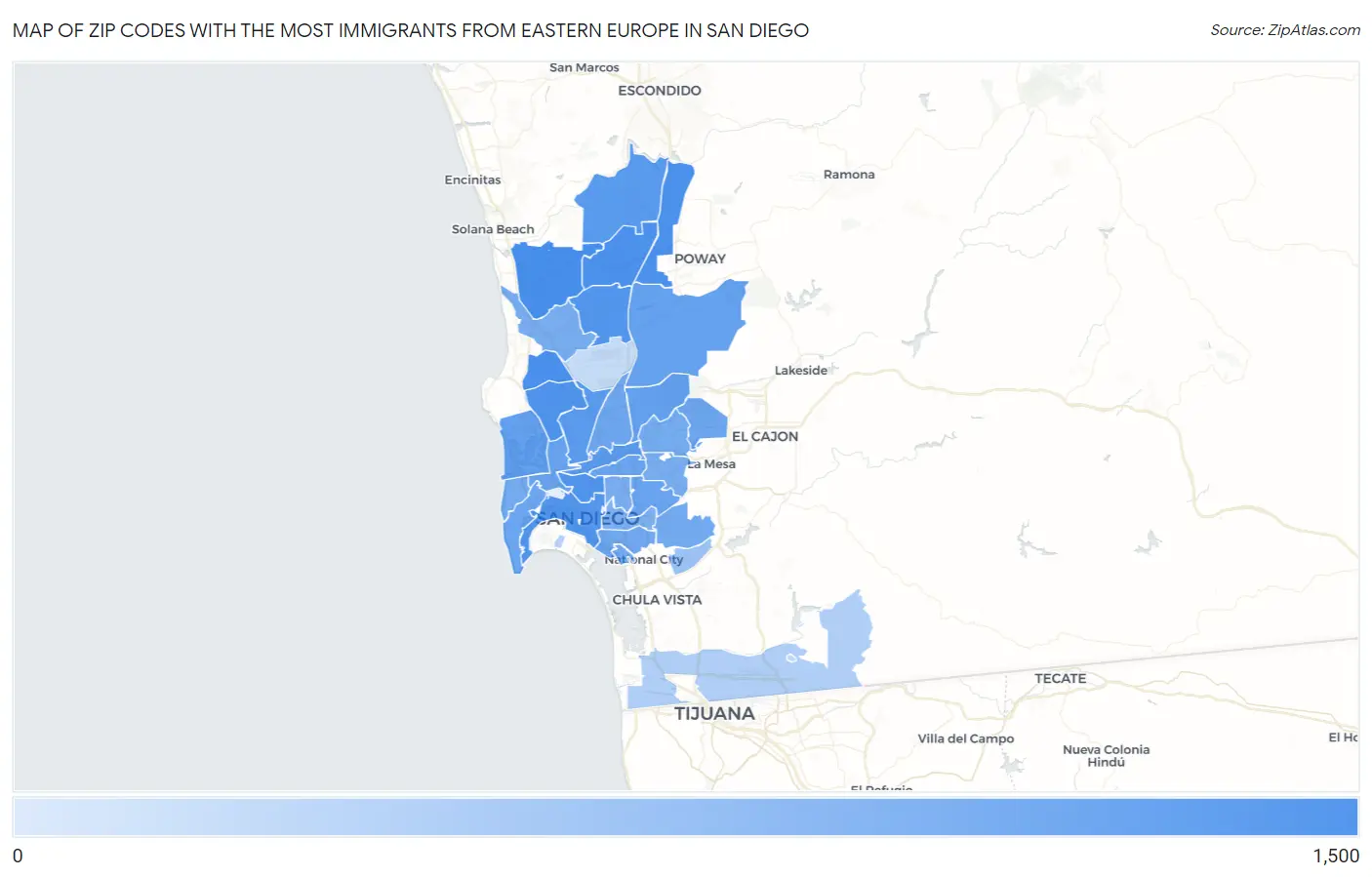 Zip Codes with the Most Immigrants from Eastern Europe in San Diego Map