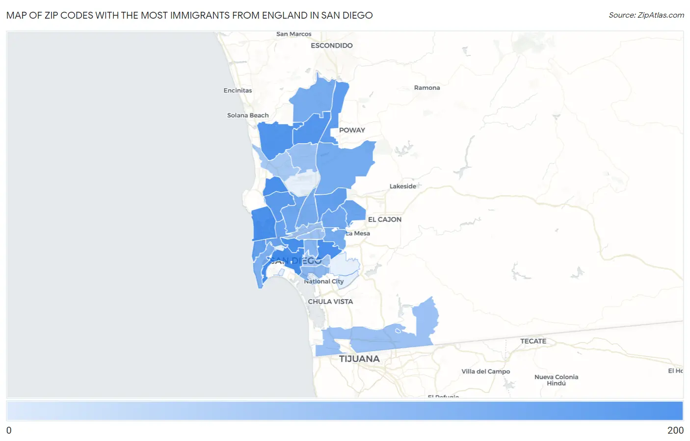 Zip Codes with the Most Immigrants from England in San Diego Map