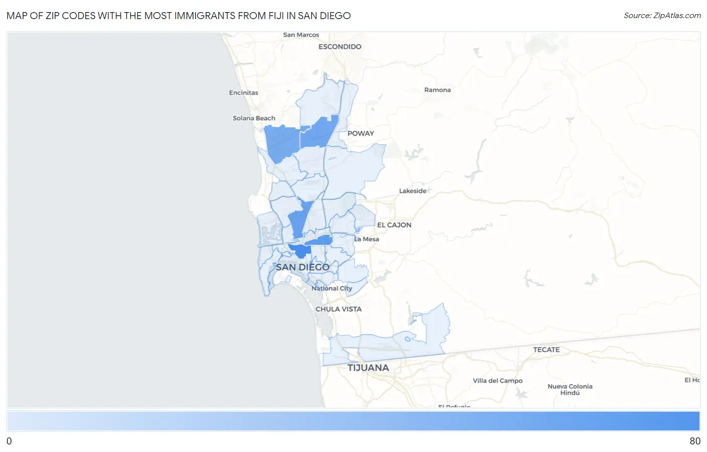 Zip Codes with the Most Immigrants from Fiji in San Diego Map