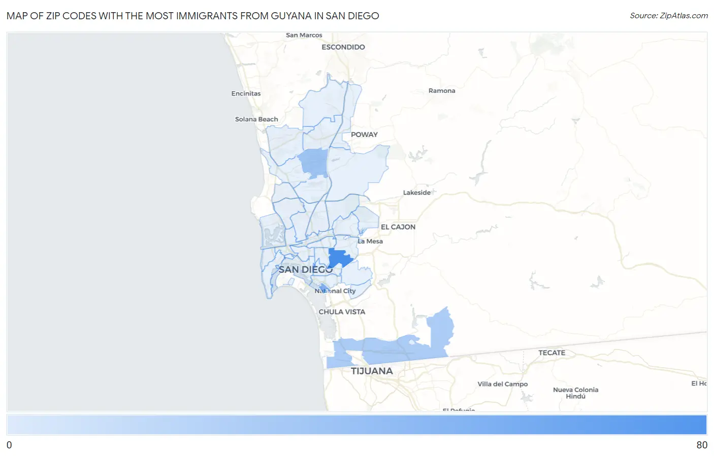 Zip Codes with the Most Immigrants from Guyana in San Diego Map