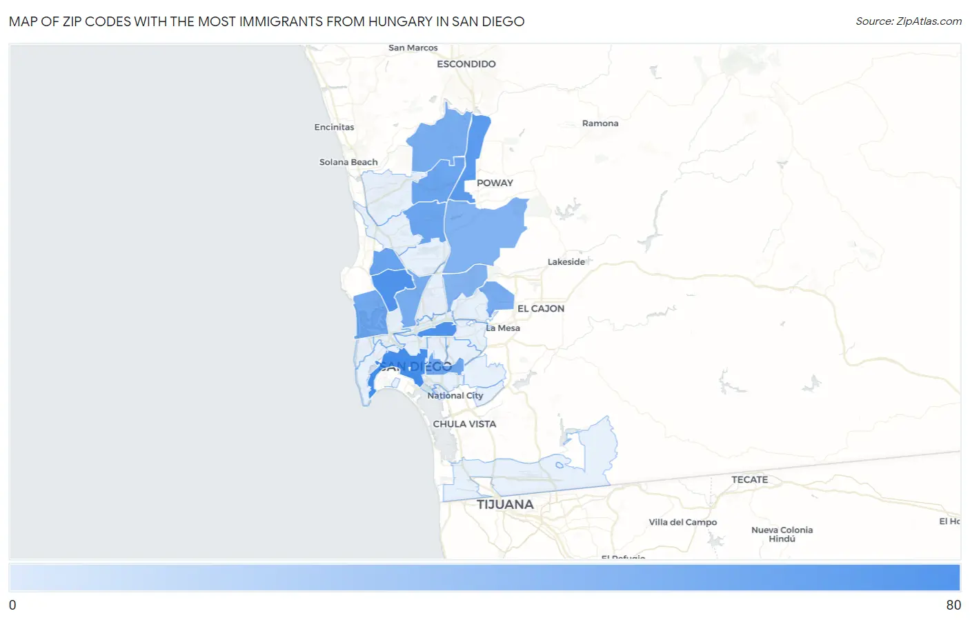 Zip Codes with the Most Immigrants from Hungary in San Diego Map
