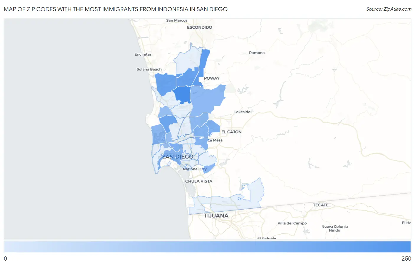 Zip Codes with the Most Immigrants from Indonesia in San Diego Map