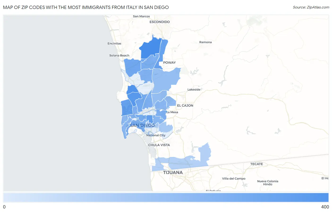 Zip Codes with the Most Immigrants from Italy in San Diego Map