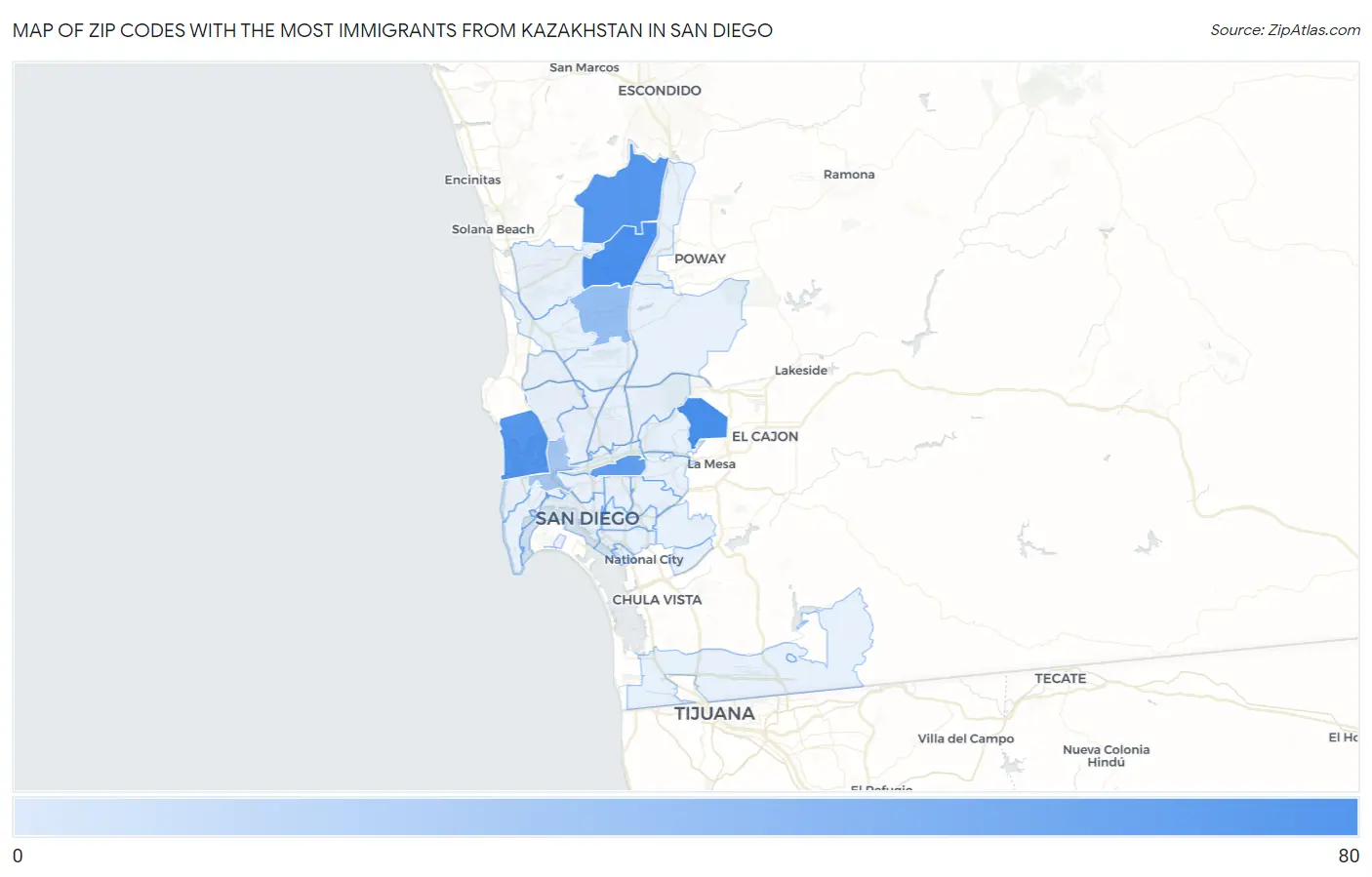 Zip Codes with the Most Immigrants from Kazakhstan in San Diego Map
