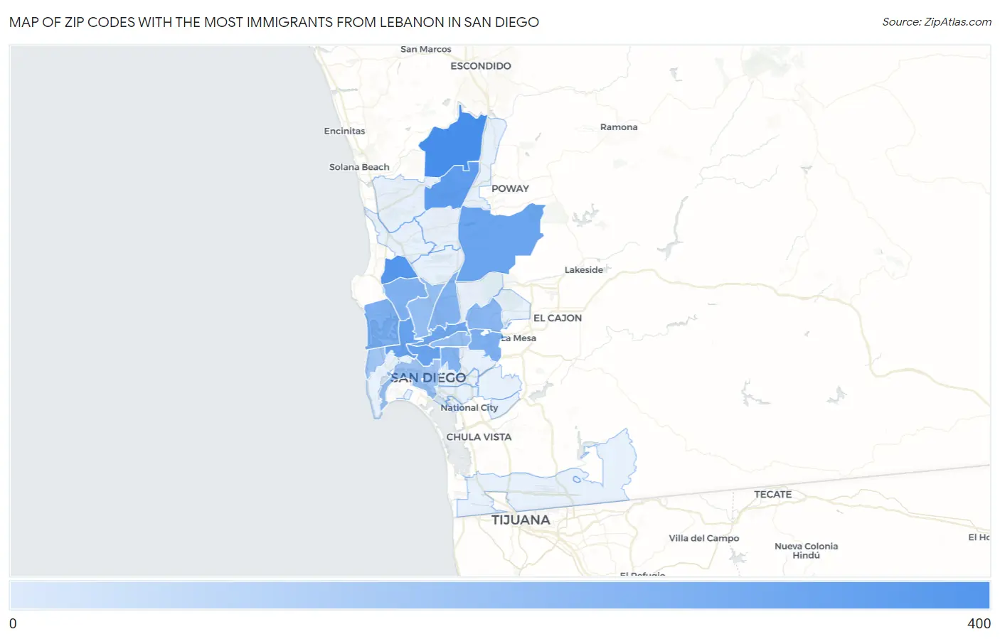 Zip Codes with the Most Immigrants from Lebanon in San Diego Map