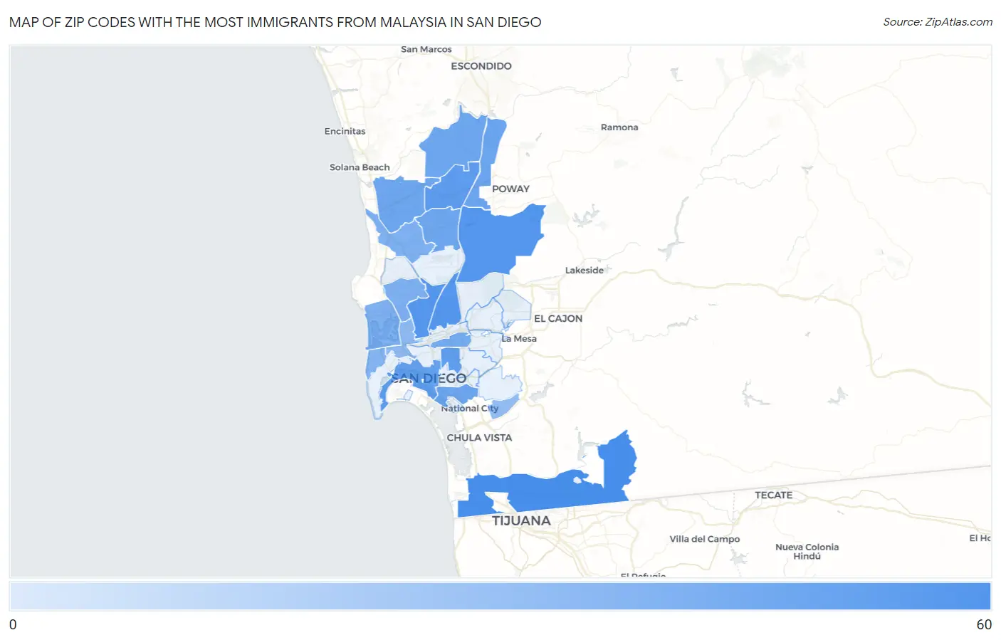 Zip Codes with the Most Immigrants from Malaysia in San Diego Map