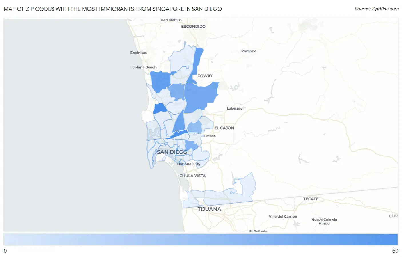 Zip Codes with the Most Immigrants from Singapore in San Diego Map
