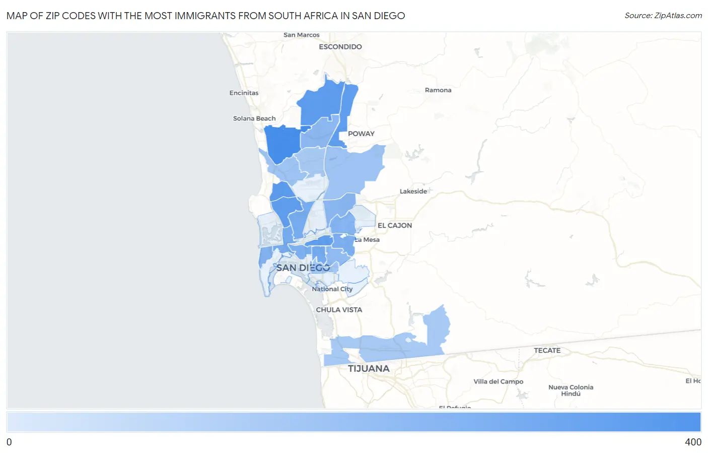Zip Codes with the Most Immigrants from South Africa in San Diego Map