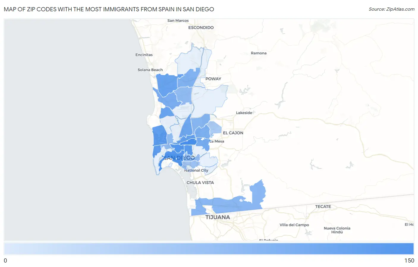Zip Codes with the Most Immigrants from Spain in San Diego Map