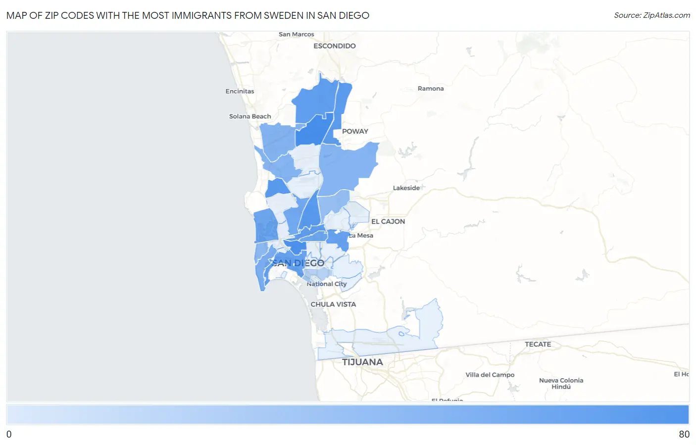 Zip Codes with the Most Immigrants from Sweden in San Diego Map