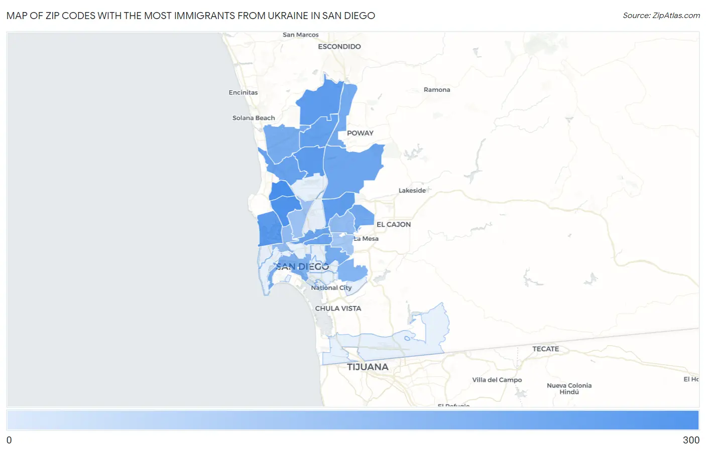 Zip Codes with the Most Immigrants from Ukraine in San Diego Map