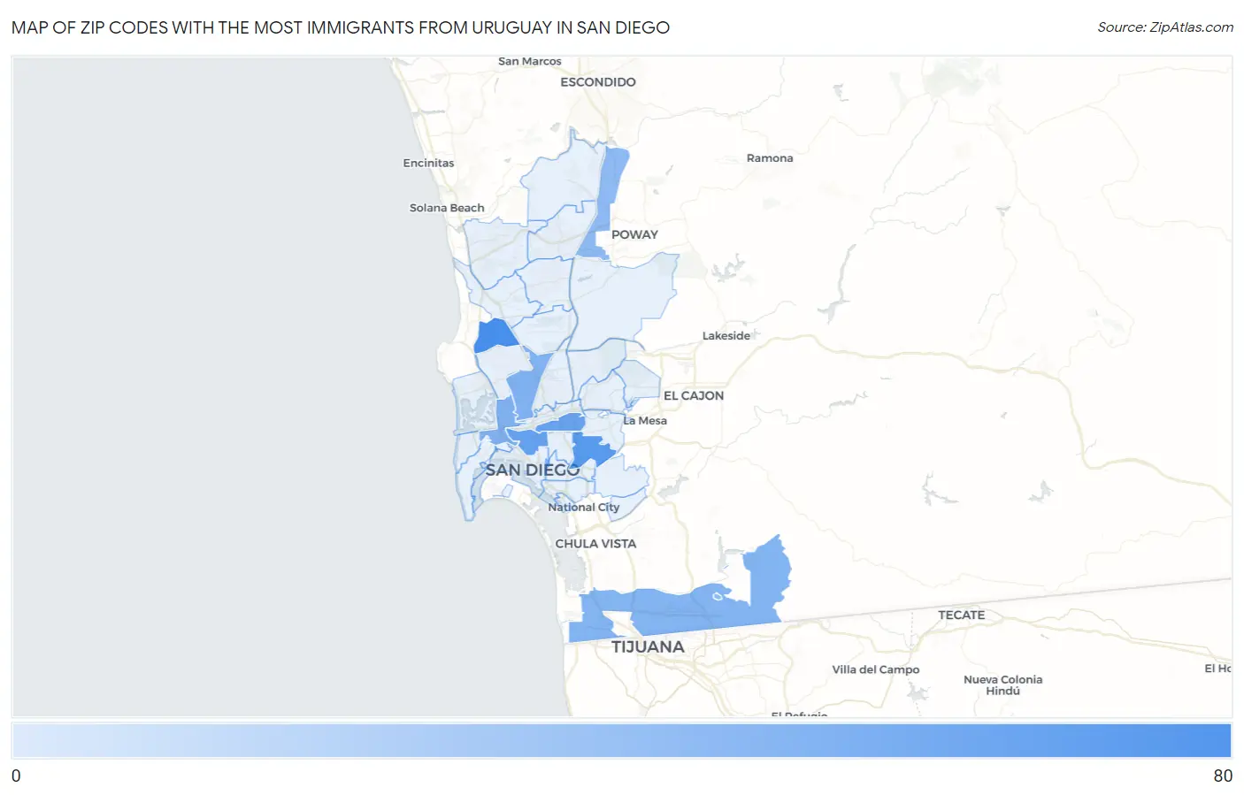 Zip Codes with the Most Immigrants from Uruguay in San Diego Map
