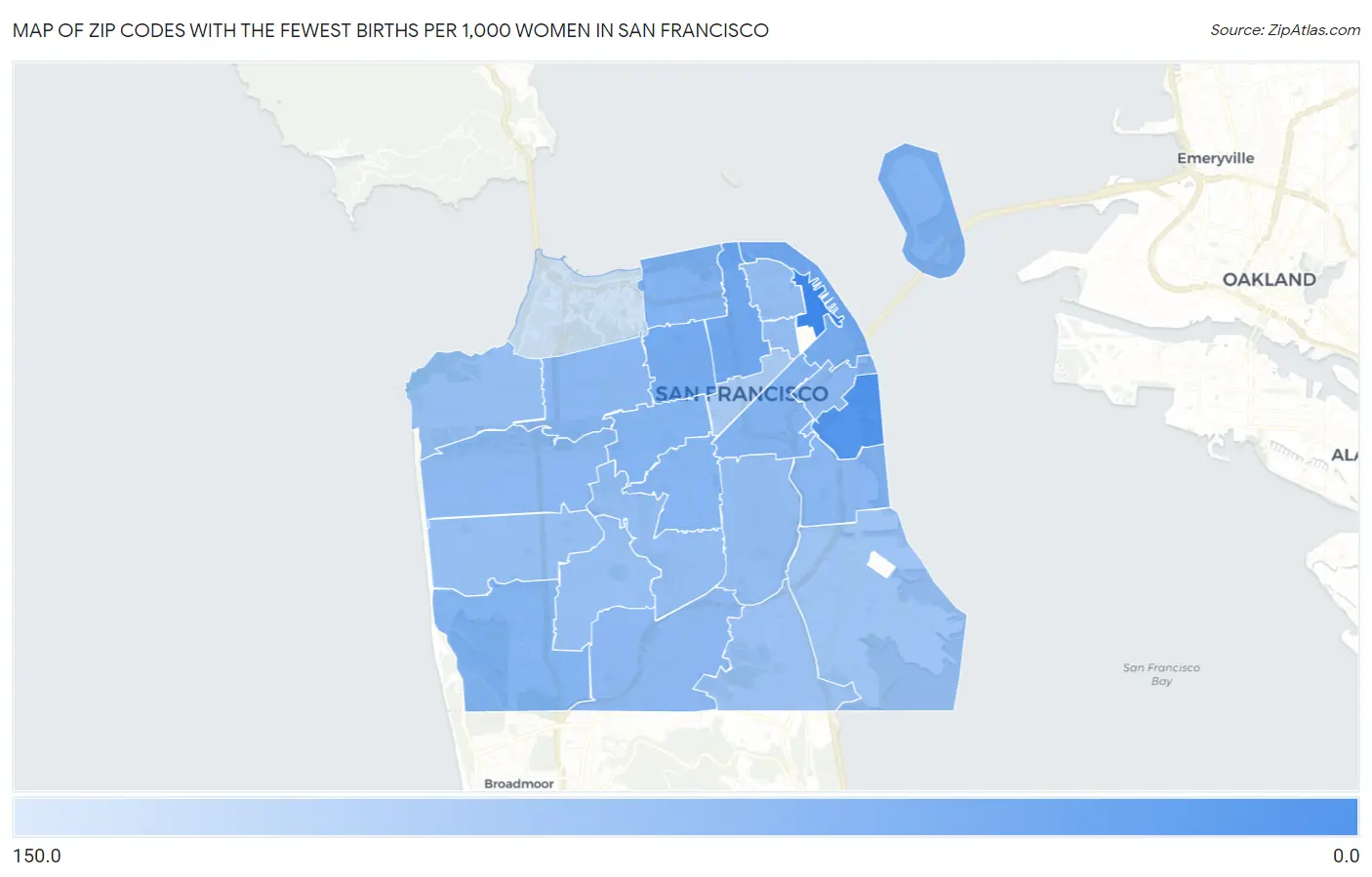 Zip Codes with the Fewest Births per 1,000 Women in San Francisco Map